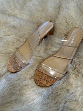 Cityclassified Clear Strap Cork Slide Sandals in Beige
